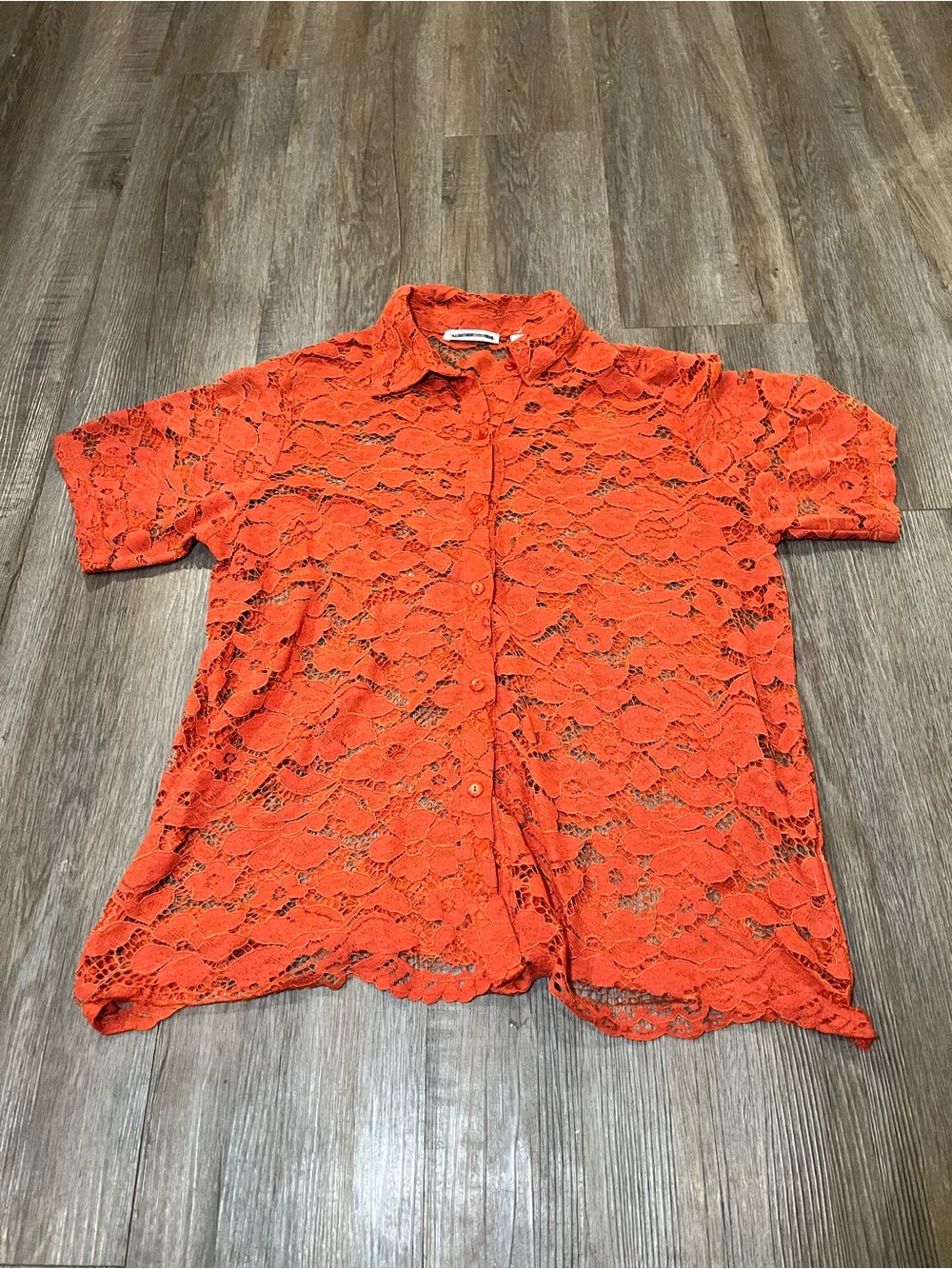 Notations Red-Orange Lace Button Front Top
